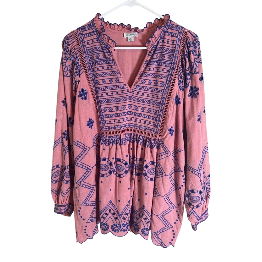 Sundance Blouse Women XL Pink Embroidered Eyelet Boho V-Neck